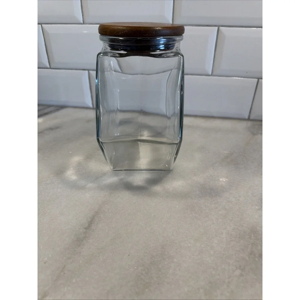 Vintage Teakwood Libbey Of Canada‎ Hexagon Glass Storage Jar
